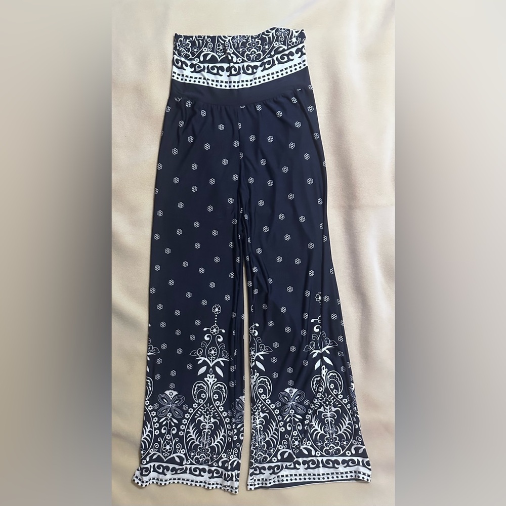 #492 Reborn Navy and White Patterned Womens Pants Sz XL